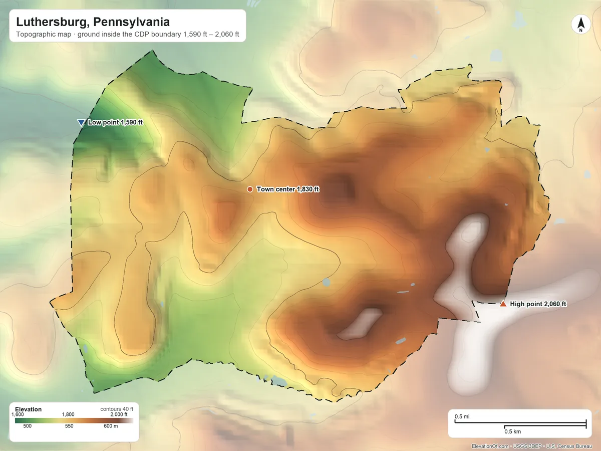 Topographic elevation map of Luthersburg, Pennsylvania, shaded from 1,590 ft on the west side to 2,060 ft on the southeast edge, below higher ground just outside
