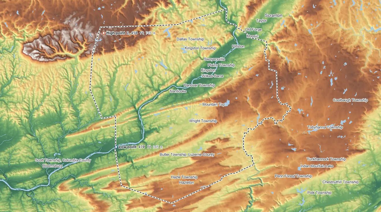 Topographic elevation map of Luzerne County, Pennsylvania, shaded from 470 ft on the southwest side to 2,450 ft on North Mountain