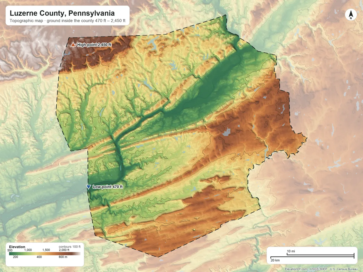 Topographic elevation map of Luzerne County, Pennsylvania, shaded from 470 ft on the southwest side to 2,450 ft on North Mountain