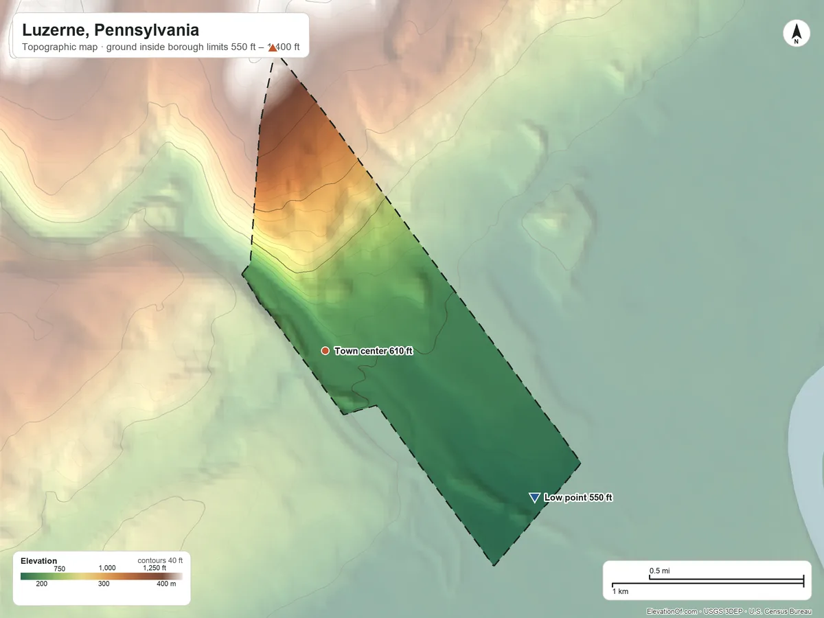 Topographic elevation map of Luzerne, Pennsylvania, shaded from 550 ft on the southeast side to 1,400 ft on the north side