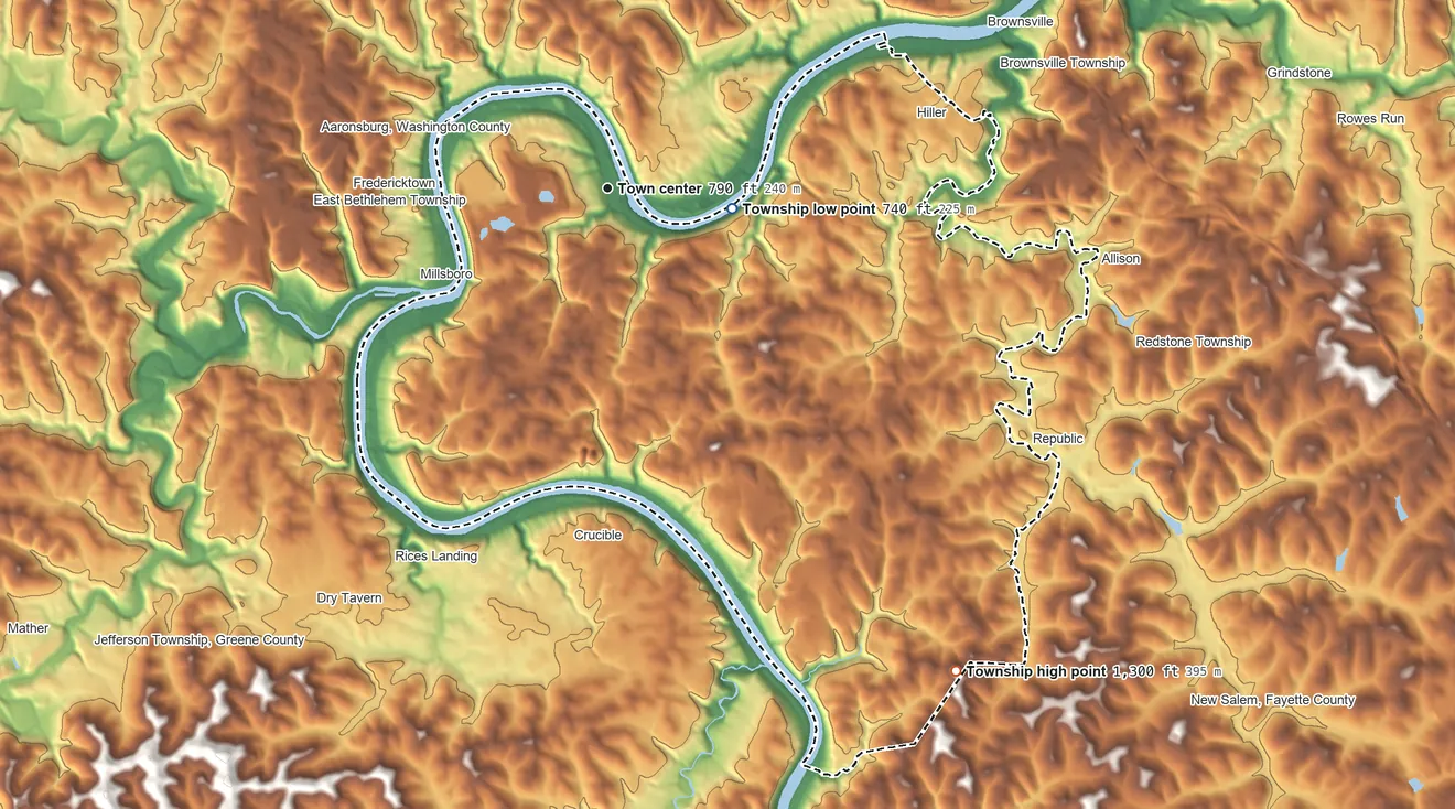 Topographic elevation map of Luzerne Township, Pennsylvania, shaded from 740 ft on the east side to 1,300 ft on the southeast side