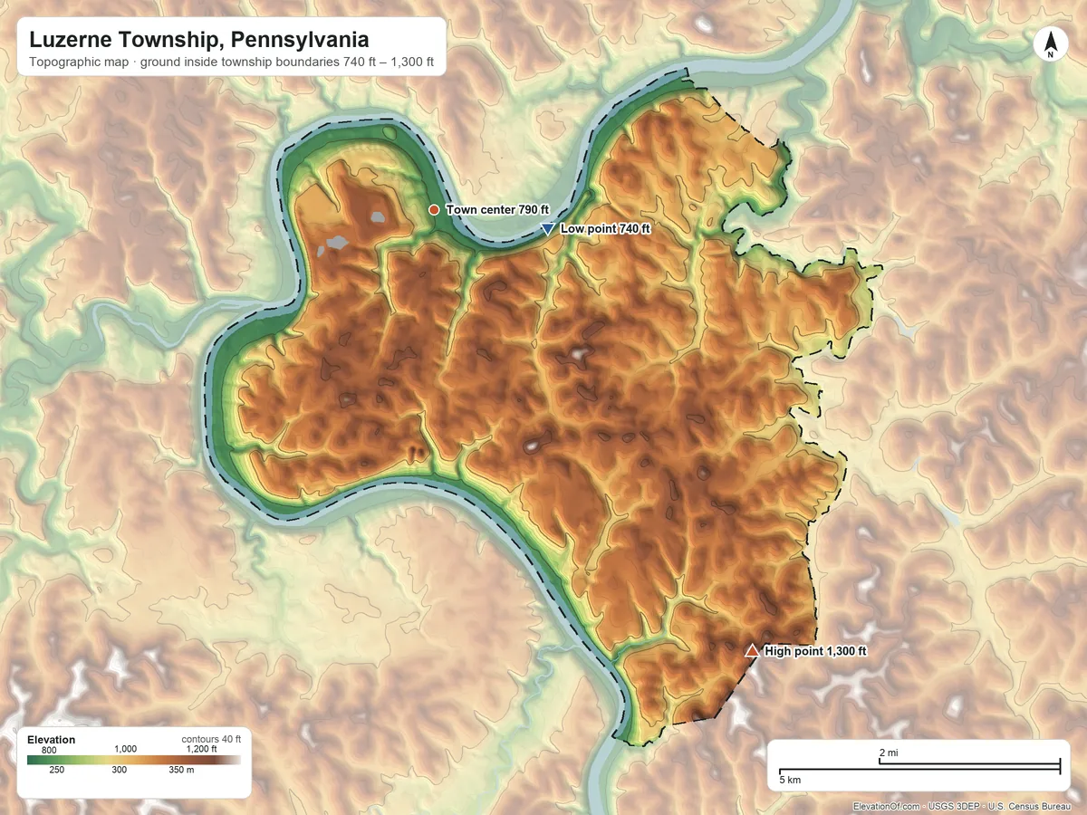 Topographic elevation map of Luzerne Township, Pennsylvania, shaded from 740 ft on the east side to 1,300 ft on the southeast side