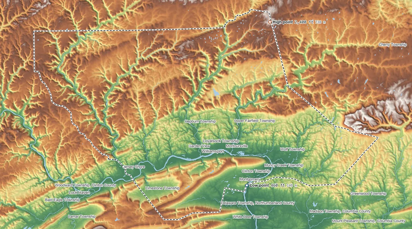 Topographic elevation map of Lycoming County, Pennsylvania, shaded from 460 ft on the southeast side to 2,400 ft on the northeast side