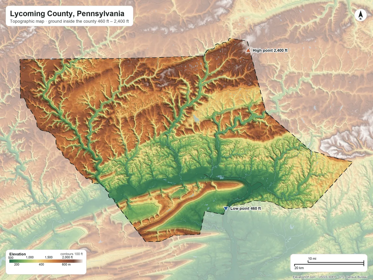 Topographic elevation map of Lycoming County, Pennsylvania, shaded from 460 ft on the southeast side to 2,400 ft on the northeast side