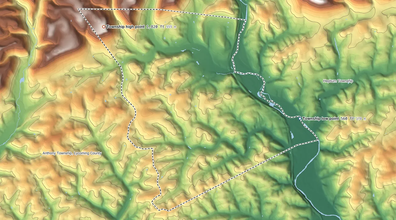 Topographic elevation map of Lycoming Township, Pennsylvania, shaded from 560 ft on the east side to 1,820 ft on Coal Mountain