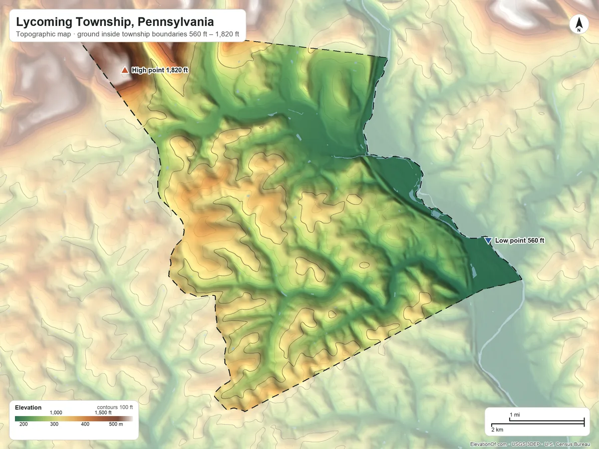 Topographic elevation map of Lycoming Township, Pennsylvania, shaded from 560 ft on the east side to 1,820 ft on Coal Mountain