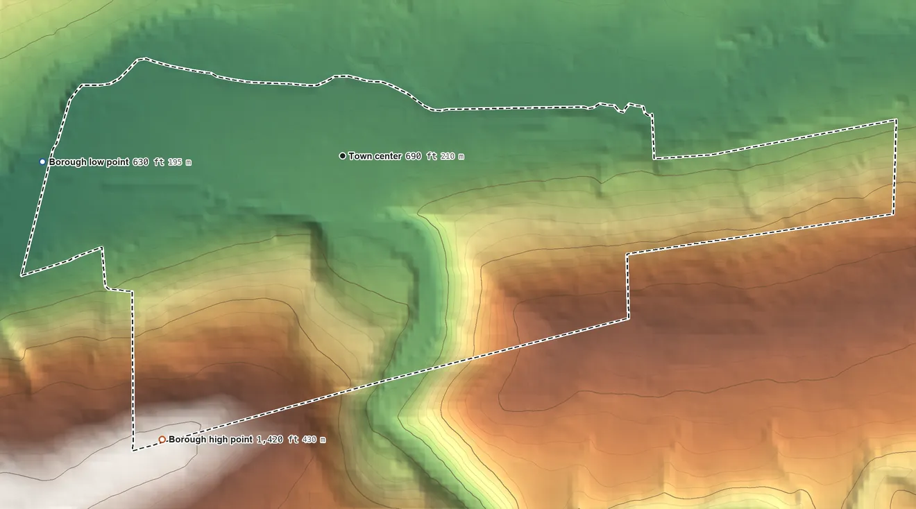 Topographic elevation map of Lykens, Pennsylvania, shaded from 630 ft on the west side to 1,420 ft on the southwest side