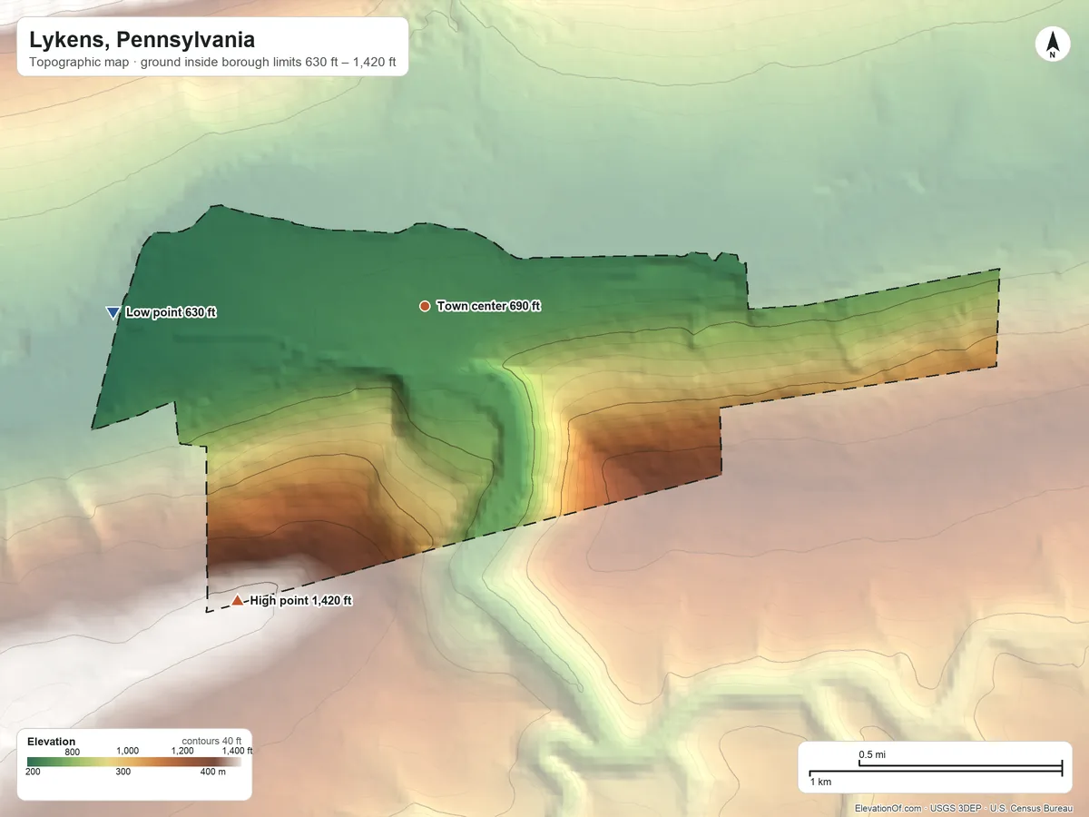 Topographic elevation map of Lykens, Pennsylvania, shaded from 630 ft on the west side to 1,420 ft on the southwest side