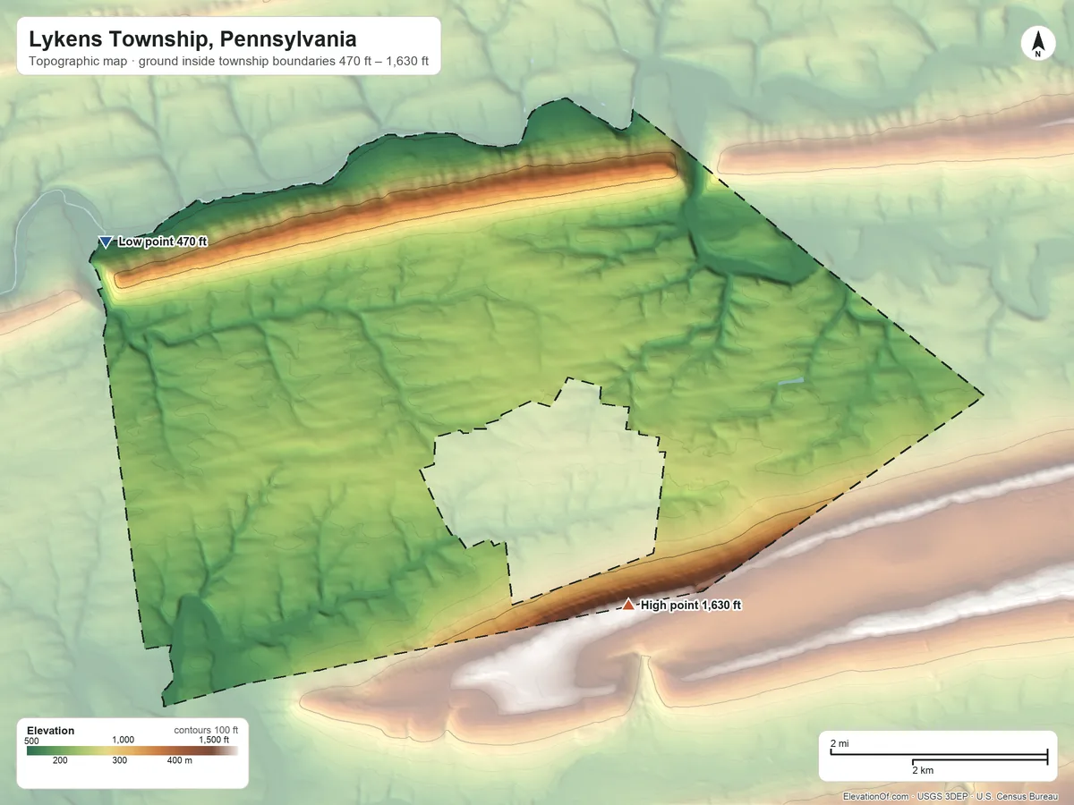 Topographic elevation map of Lykens Township, Pennsylvania, shaded from 470 ft on the west side to 1,630 ft on the southeast side