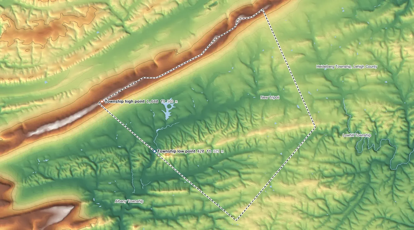 Topographic elevation map of Lynn Township, Pennsylvania, shaded from 420 ft on the southwest side to 1,640 ft on the west side