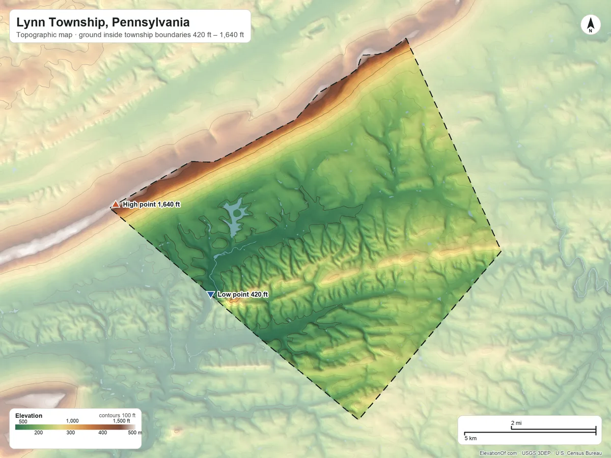 Topographic elevation map of Lynn Township, Pennsylvania, shaded from 420 ft on the southwest side to 1,640 ft on the west side