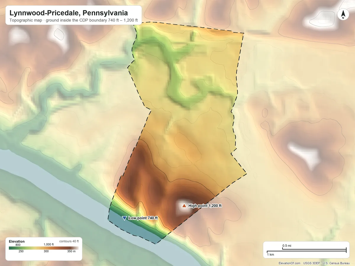 Topographic elevation map of Lynnwood-Pricedale, Pennsylvania, shaded from 740 ft on the southwest side to 1,200 ft on the south side