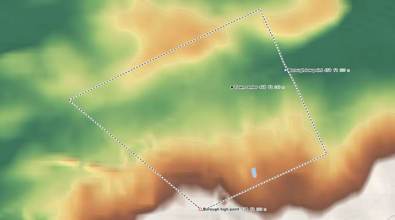 Topographic elevation map of Lyons, Pennsylvania, shaded from 450 ft on the east side to 530 ft on the south edge, below higher ground just outside