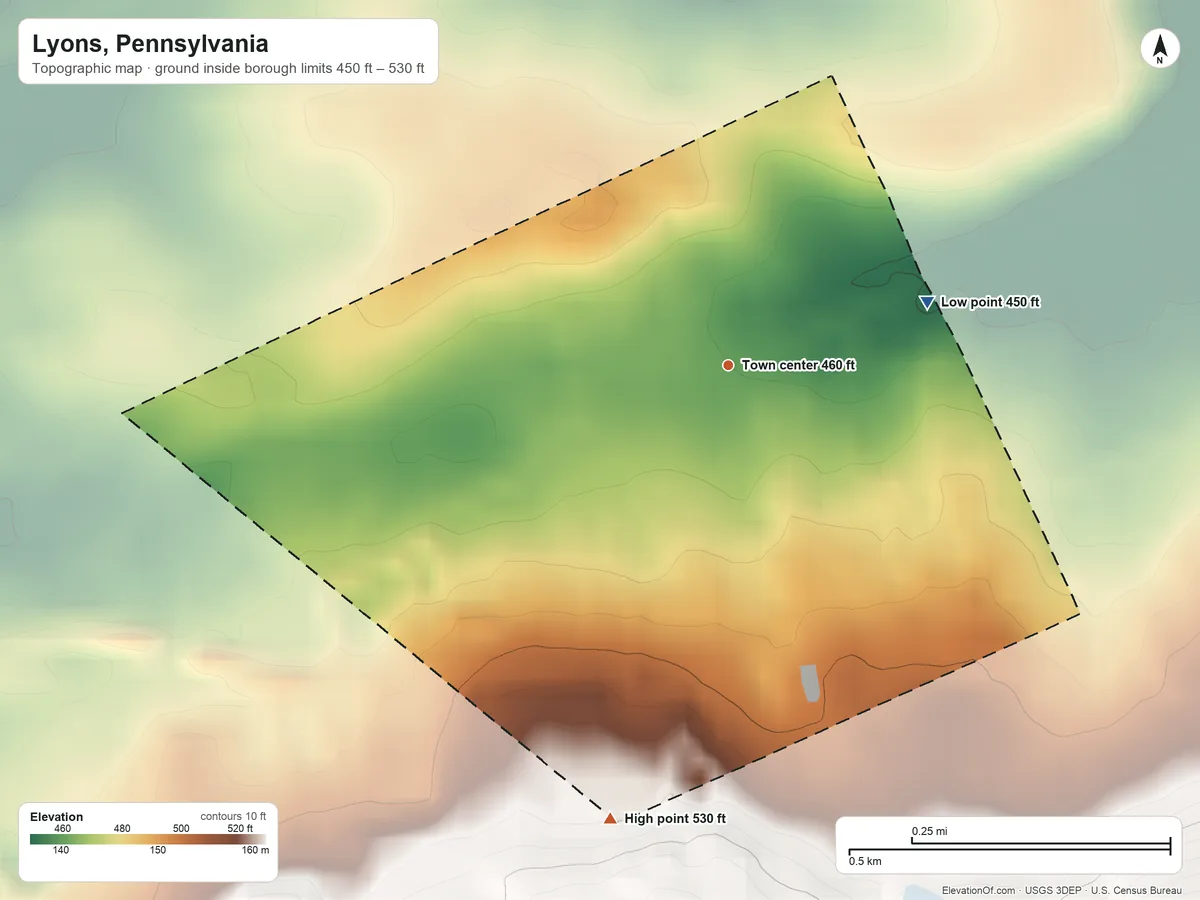 Topographic elevation map of Lyons, Pennsylvania, shaded from 450 ft on the east side to 530 ft on the south edge, below higher ground just outside