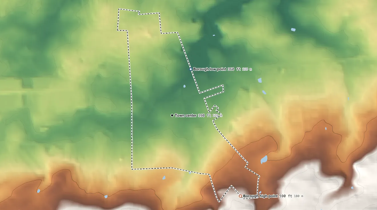 Topographic elevation map of Macungie, Pennsylvania, shaded from 360 ft on the north side to 590 ft on the southeast edge, below higher ground just outside