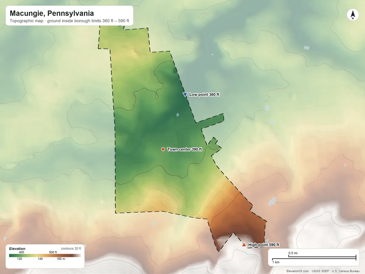 Topographic elevation map of Macungie, Pennsylvania, shaded from 360 ft on the north side to 590 ft on the southeast edge, below higher ground just outside