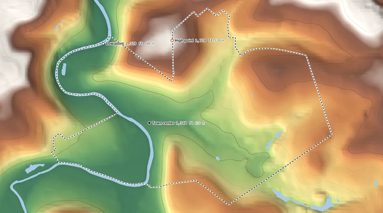 Topographic elevation map of Madera, Pennsylvania, shaded from 1,320 ft on the northwest side to 1,710 ft on the north side