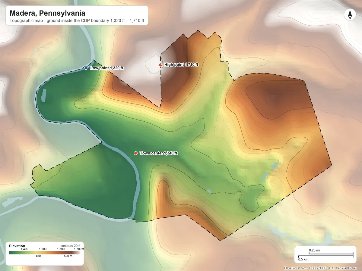 Topographic elevation map of Madera, Pennsylvania, shaded from 1,320 ft on the northwest side to 1,710 ft on the north side