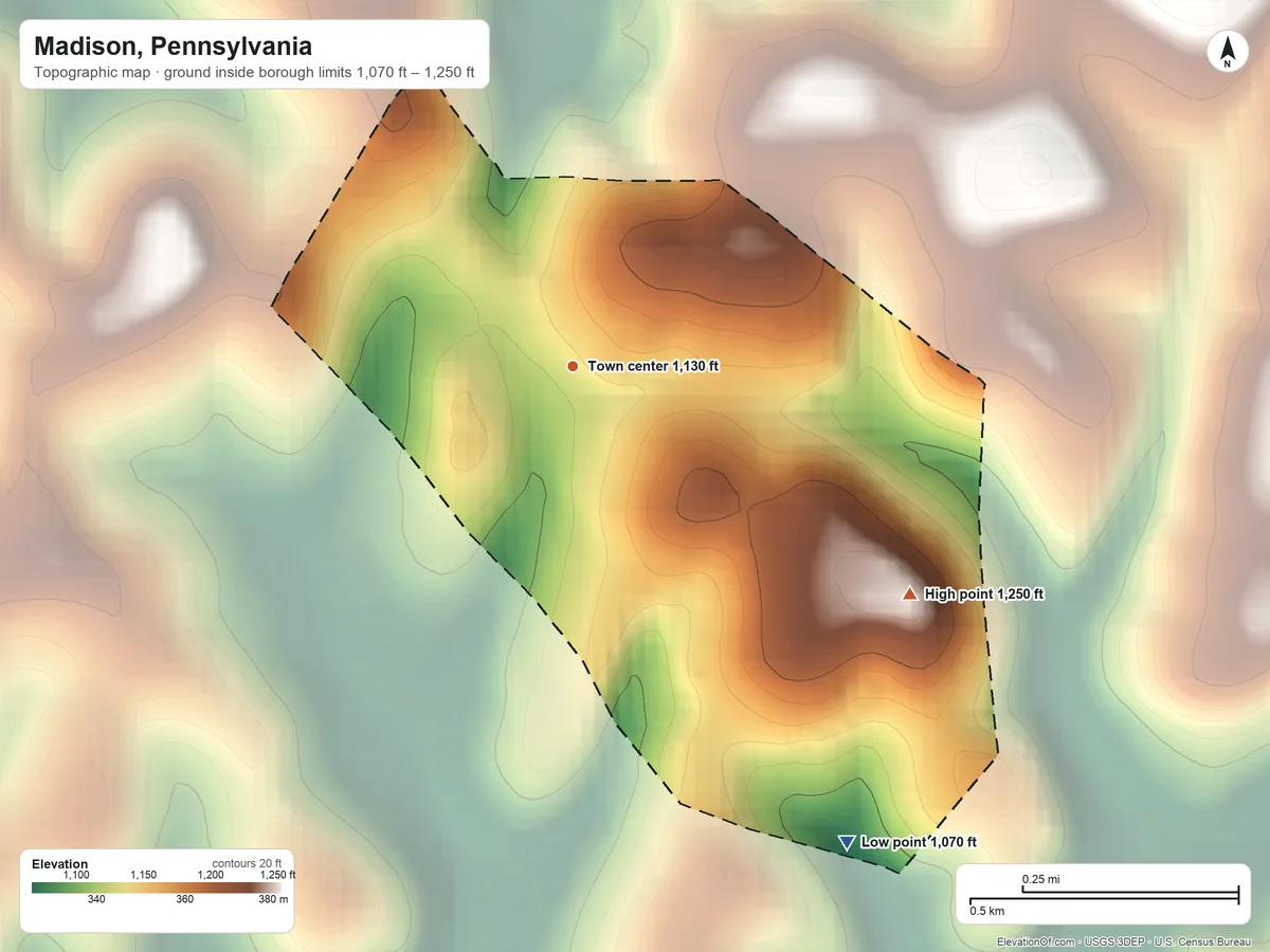 Topographic elevation map of Madison, Pennsylvania, shaded from 1,070 ft on the southeast side to 1,250 ft on the southeast side