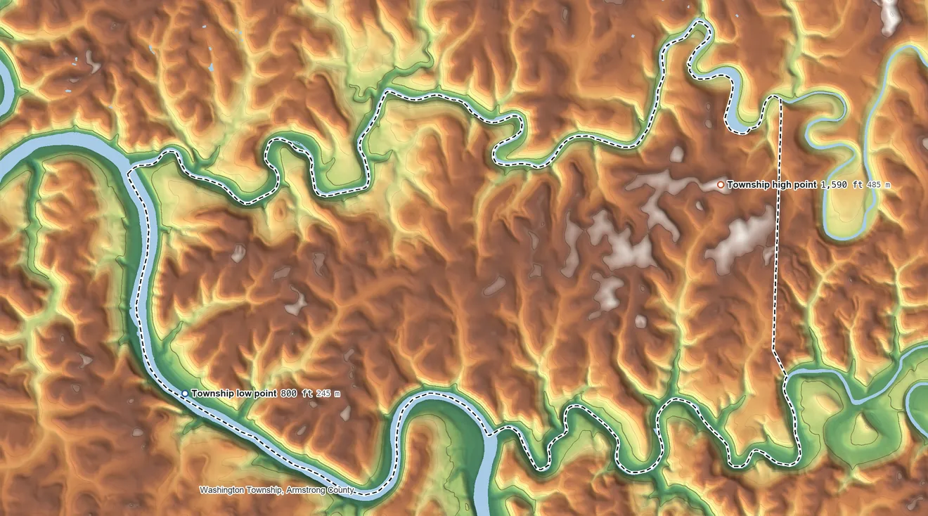 Topographic elevation map of Madison Township, Armstrong County, Pennsylvania, shaded from 800 ft on the west side to 1,590 ft on the northeast side