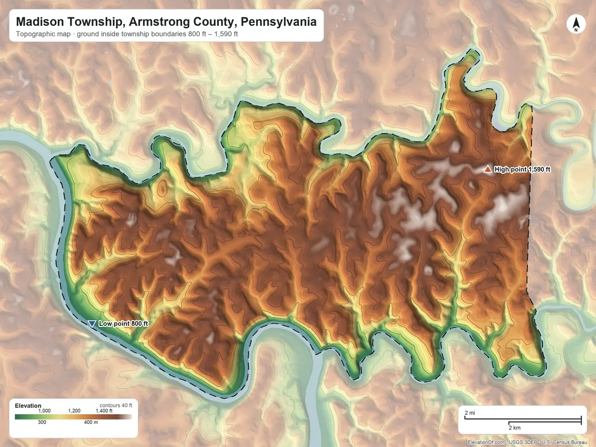 Topographic elevation map of Madison Township, Armstrong County, Pennsylvania, shaded from 800 ft on the west side to 1,590 ft on the northeast side