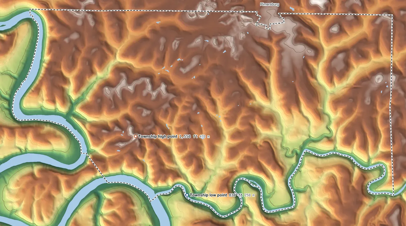 Topographic elevation map of Madison Township, Clarion County, Pennsylvania, shaded from 830 ft on the southwest side to 1,550 ft on the west side