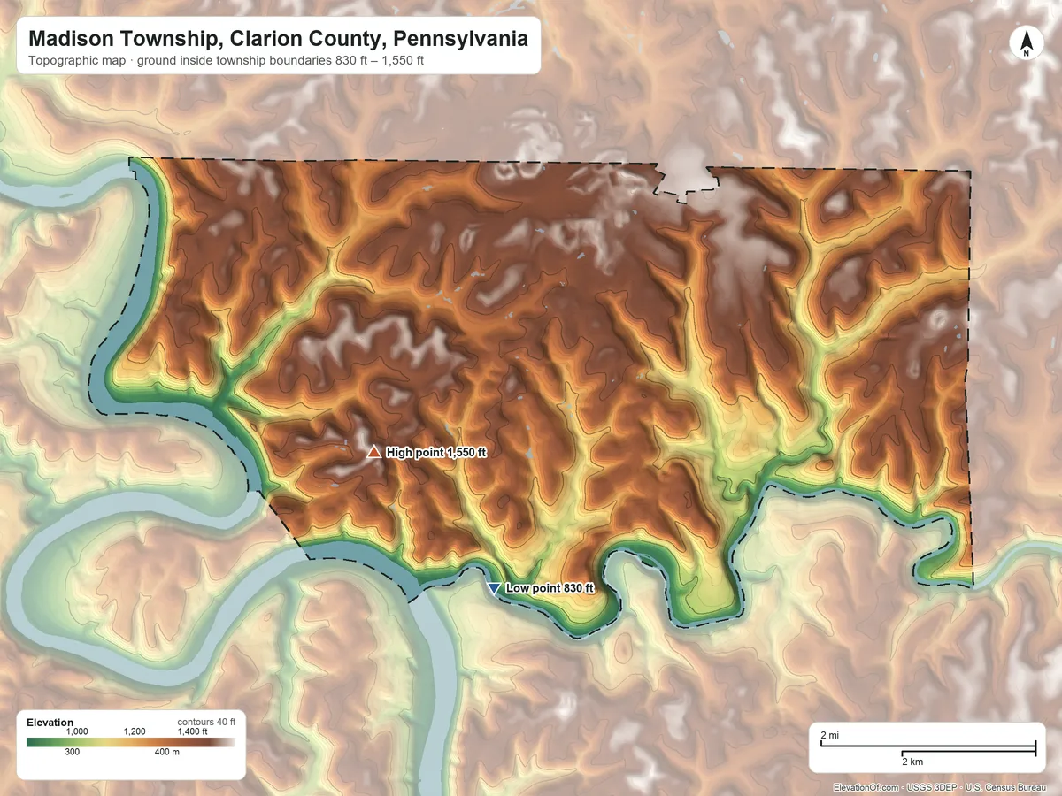 Topographic elevation map of Madison Township, Clarion County, Pennsylvania, shaded from 830 ft on the southwest side to 1,550 ft on the west side