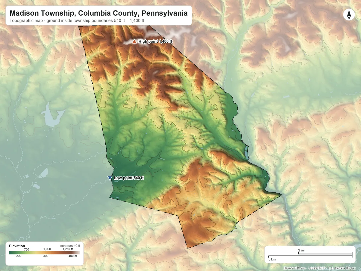 Topographic elevation map of Madison Township, Columbia County, Pennsylvania, shaded from 540 ft on the southwest side to 1,400 ft on the north side