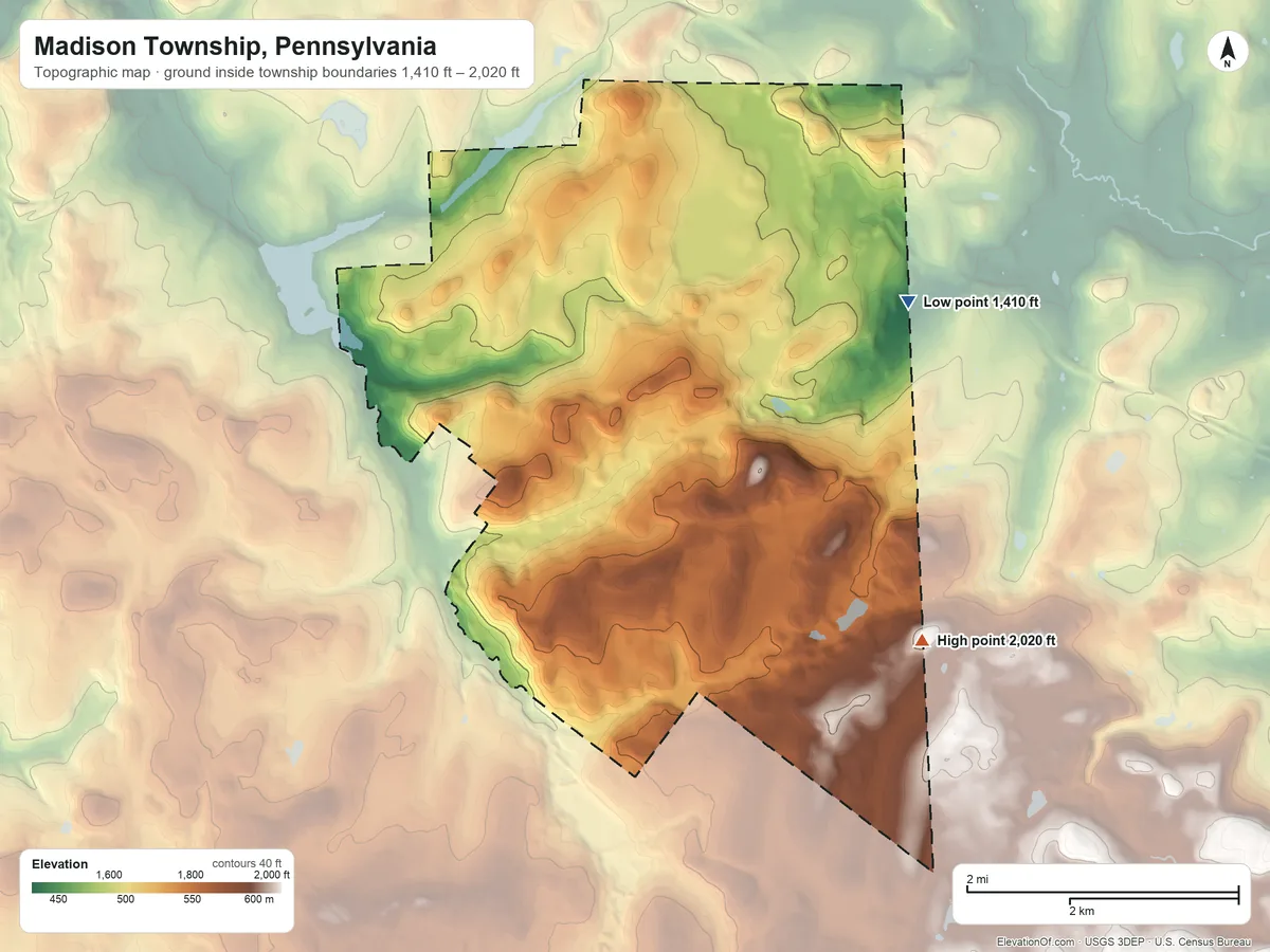 Topographic elevation map of Madison Township, Pennsylvania, shaded from 1,410 ft on the northeast side to 2,020 ft on the southeast side