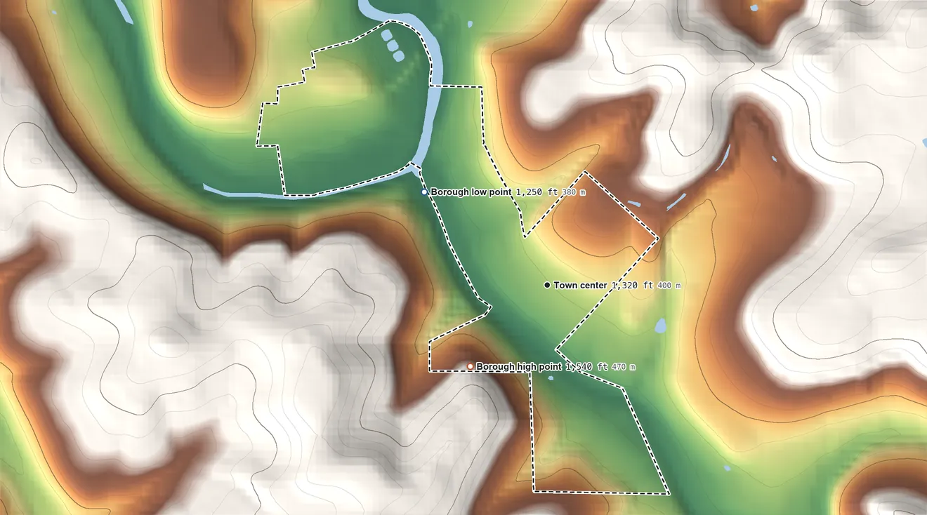 Topographic elevation map of Mahaffey, Pennsylvania, shaded from 1,250 ft on the northwest side to 1,540 ft on the southwest side