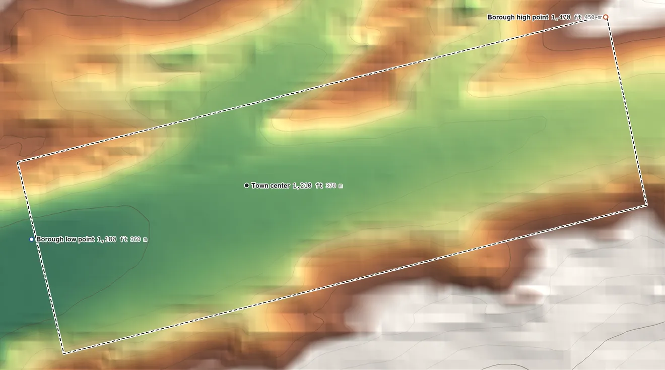 Topographic elevation map of Mahanoy City, Pennsylvania, shaded from 1,180 ft on the west side to 1,470 ft at the foot of the Broad Mountain