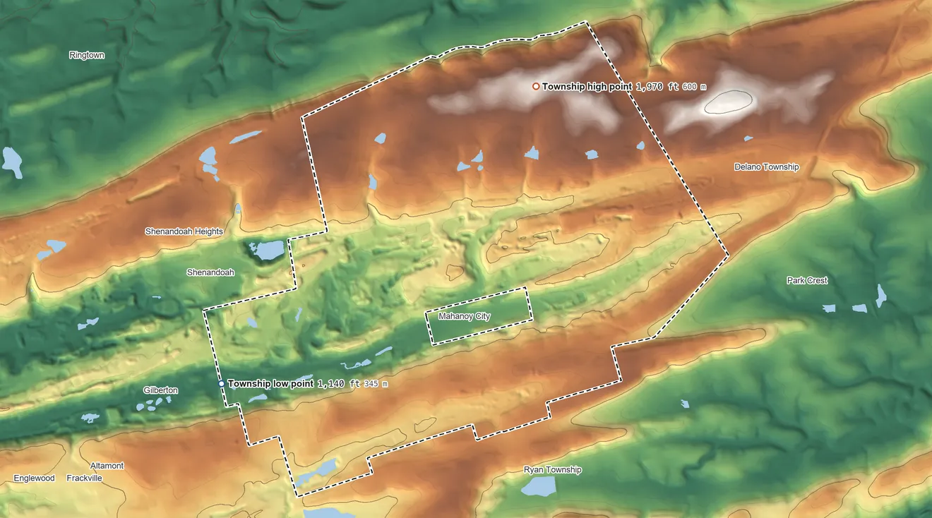 Topographic elevation map of Mahanoy Township, Pennsylvania, shaded from 1,140 ft on the northwest side to 1,970 ft on the northeast side