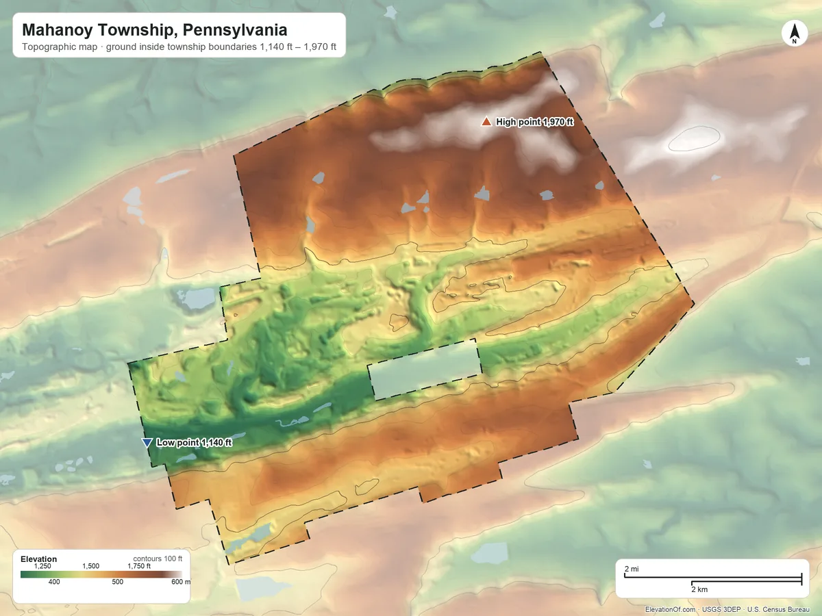 Topographic elevation map of Mahanoy Township, Pennsylvania, shaded from 1,140 ft on the northwest side to 1,970 ft on the northeast side