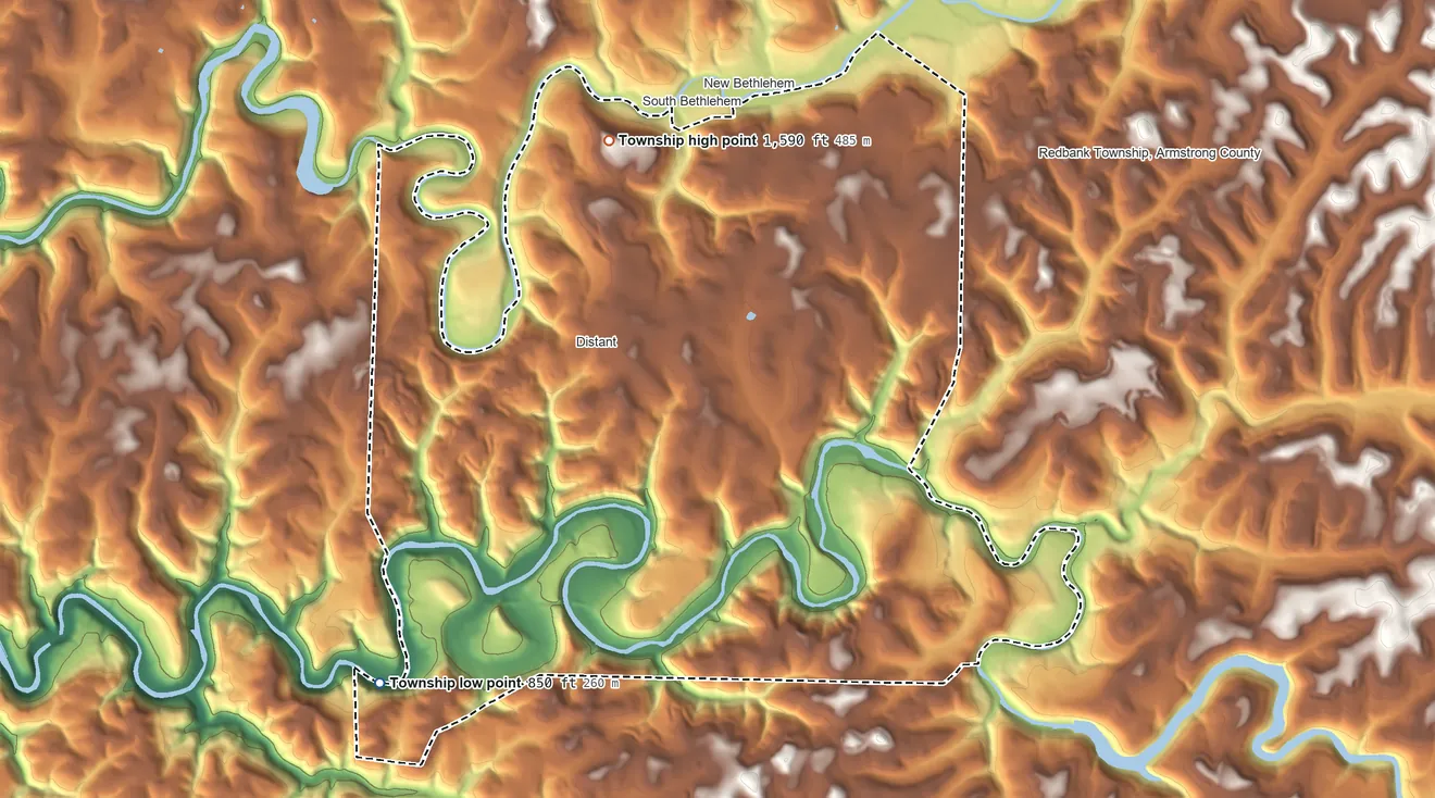 Topographic elevation map of Mahoning Township, Armstrong County, Pennsylvania, shaded from 850 ft on the southwest side to 1,590 ft on the north side