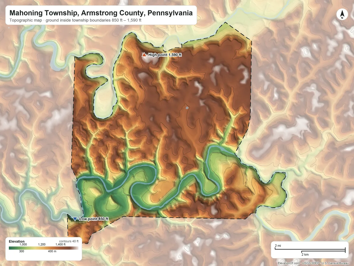 Topographic elevation map of Mahoning Township, Armstrong County, Pennsylvania, shaded from 850 ft on the southwest side to 1,590 ft on the north side