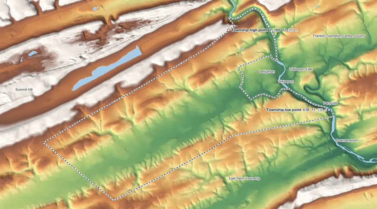 Topographic elevation map of Mahoning Township, Carbon County, Pennsylvania, shaded from 430 ft on the east side to 1,300 ft on the north side