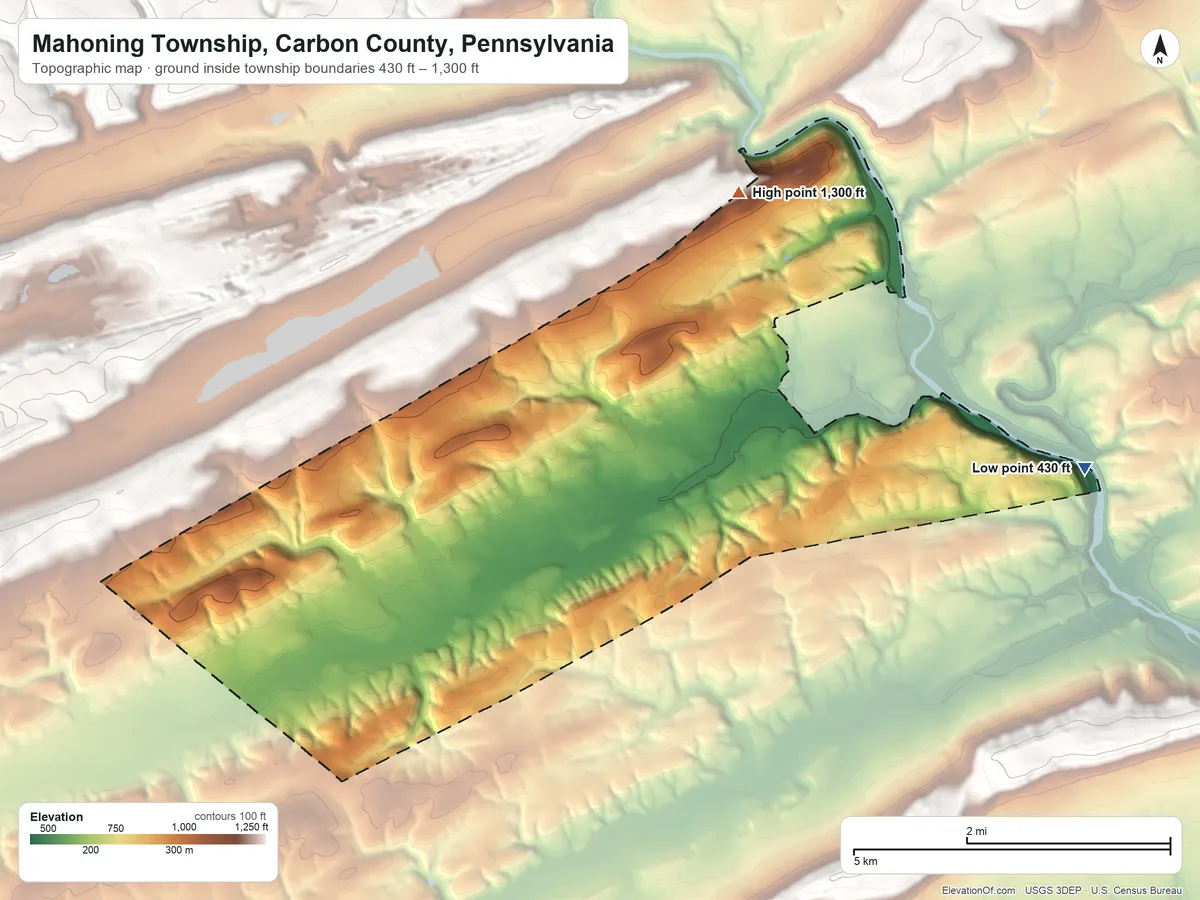 Topographic elevation map of Mahoning Township, Carbon County, Pennsylvania, shaded from 430 ft on the east side to 1,300 ft on the north side