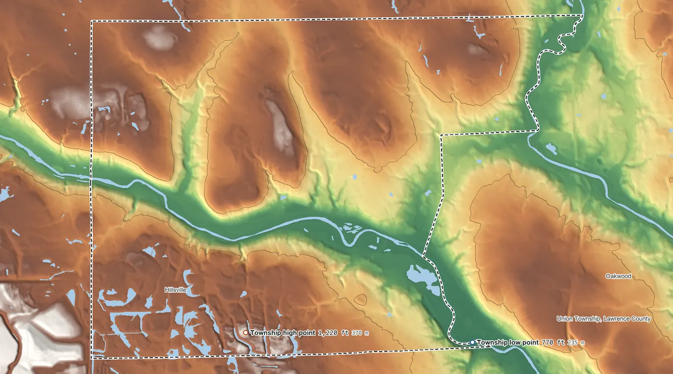 Topographic elevation map of Mahoning Township, Lawrence County, Pennsylvania, shaded from 770 ft on the southeast side to 1,220 ft on the south side