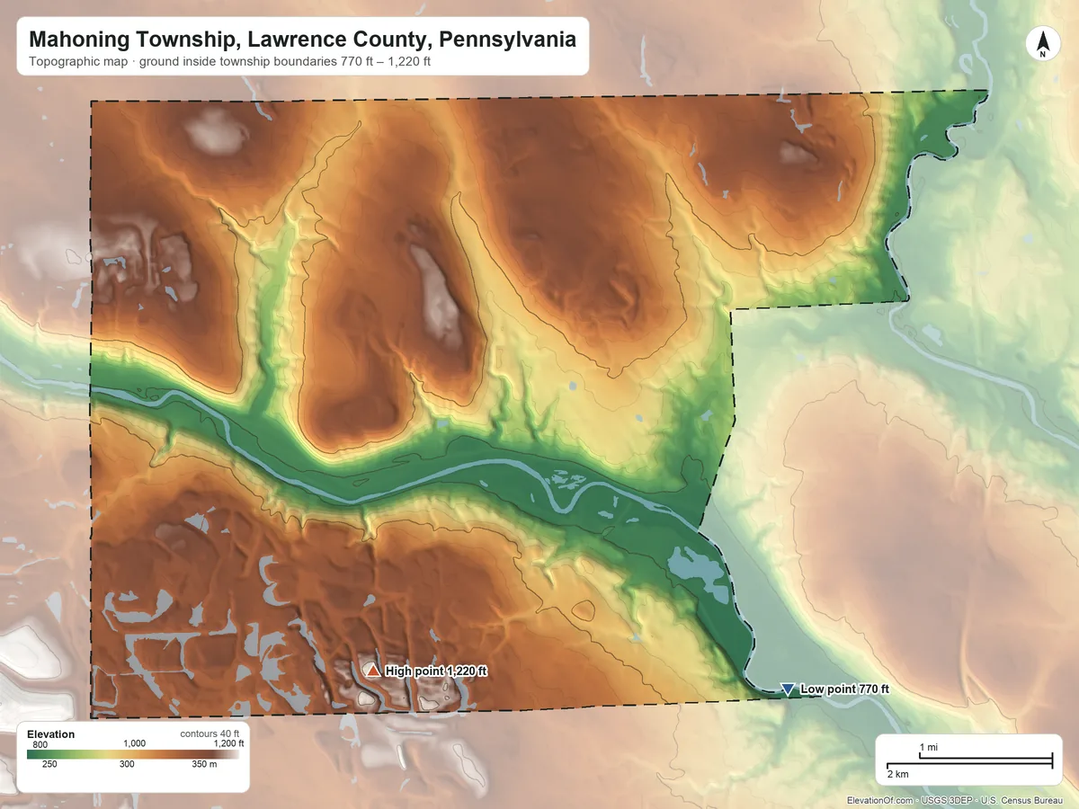 Topographic elevation map of Mahoning Township, Lawrence County, Pennsylvania, shaded from 770 ft on the southeast side to 1,220 ft on the south side