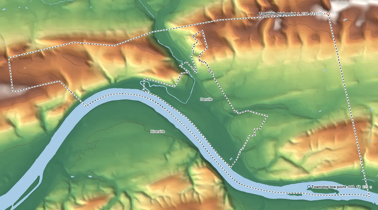Topographic elevation map of Mahoning Township, Pennsylvania, shaded from 440 ft on the south side to 1,230 ft on the northeast side