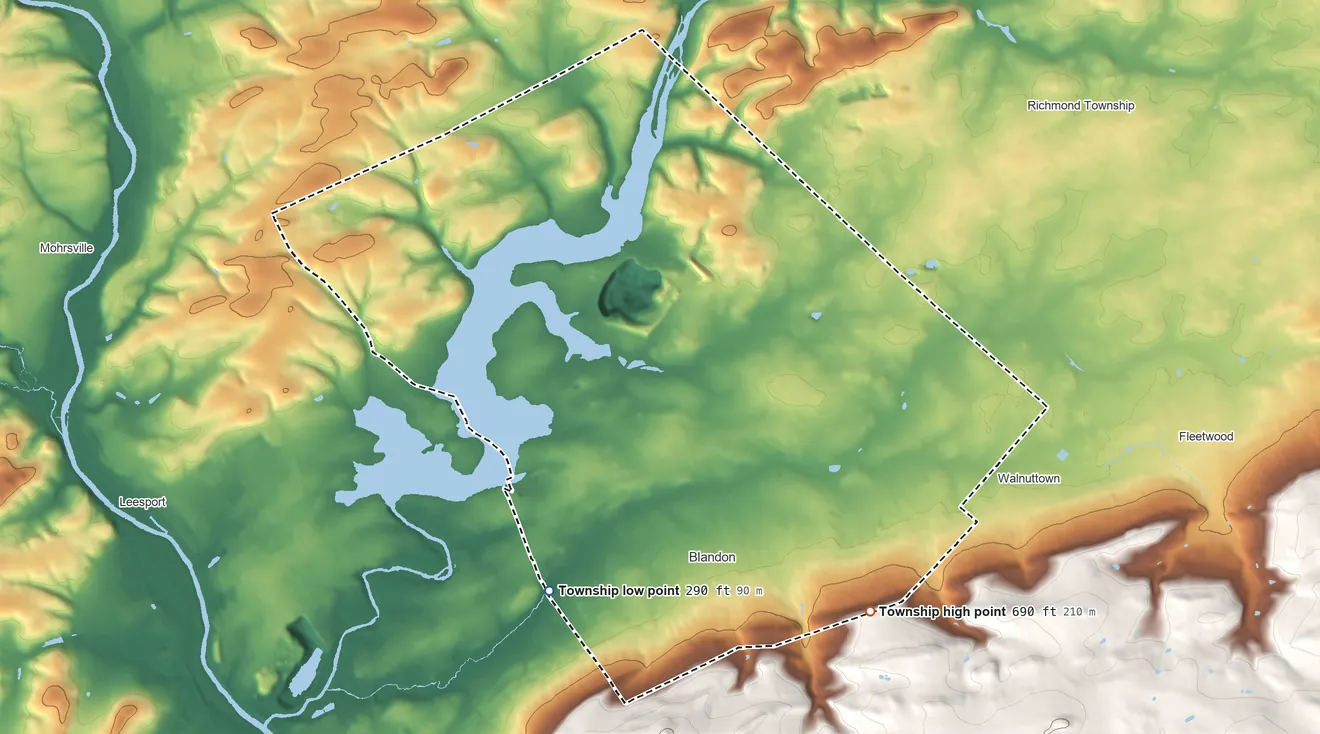 Topographic elevation map of Maidencreek Township, Pennsylvania, shaded from 290 ft on the southwest side to 690 ft on the southeast edge, below higher ground just outside
