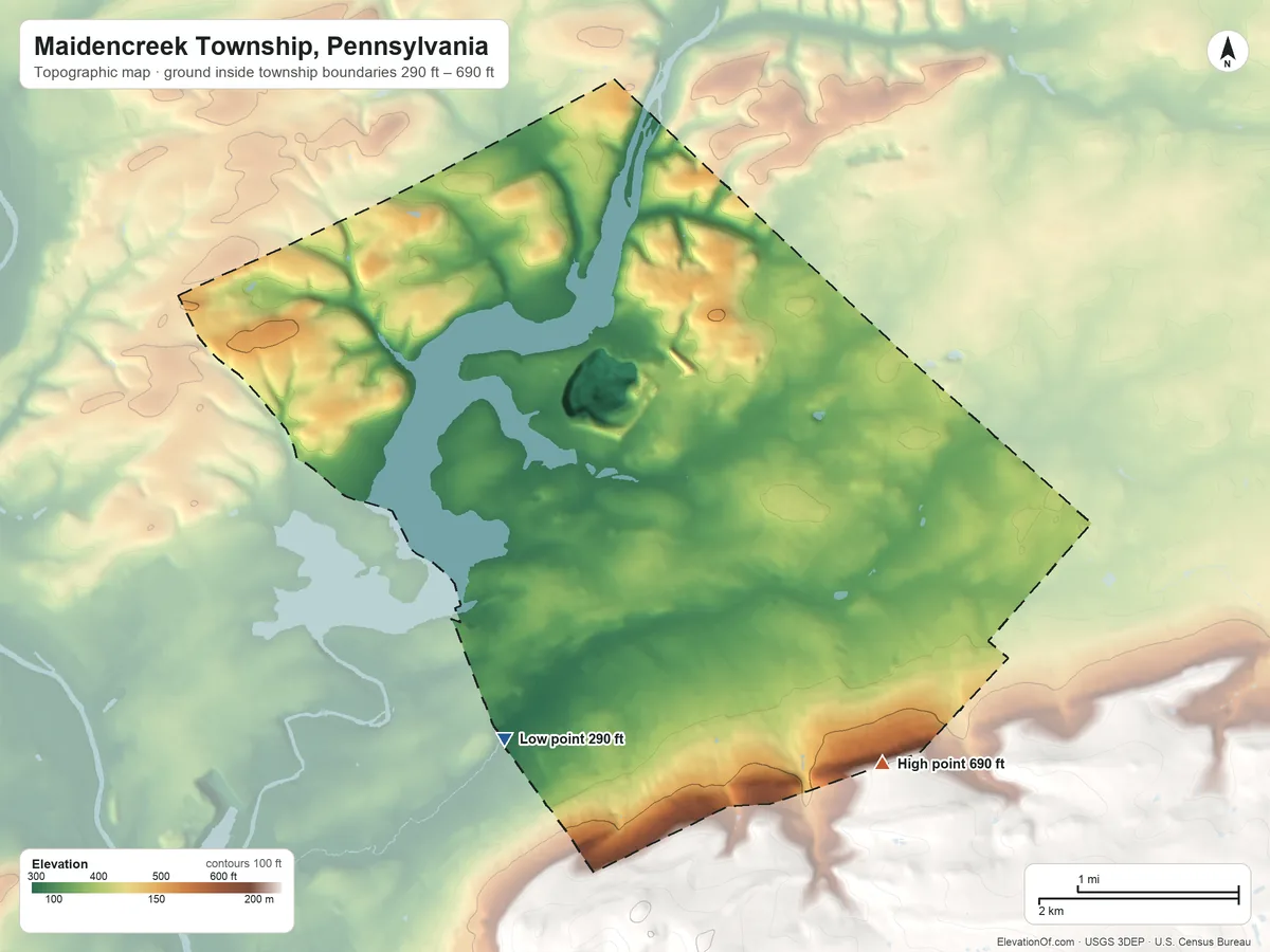 Topographic elevation map of Maidencreek Township, Pennsylvania, shaded from 290 ft on the southwest side to 690 ft on the southeast edge, below higher ground just outside