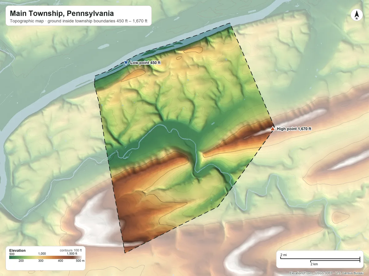 Topographic elevation map of Main Township, Pennsylvania, shaded from 450 ft on the northwest side to 1,670 ft on the east side