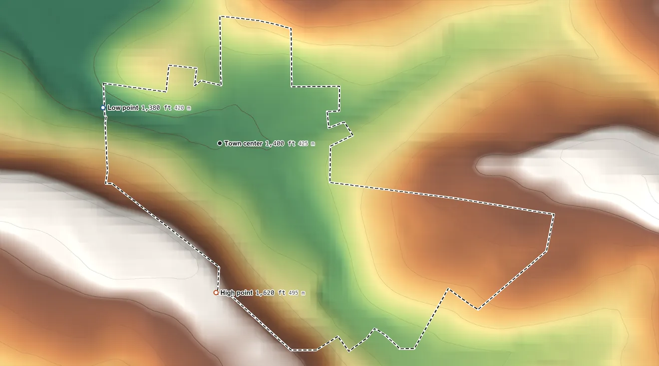 Topographic elevation map of Mainesburg, Pennsylvania, shaded from 1,380 ft on the west side to 1,620 ft on the south side