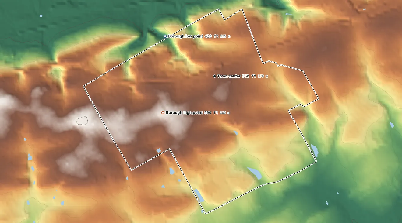 Topographic elevation map of Malvern, Pennsylvania, shaded from 420 ft on the northwest side to 600 ft on the southwest side