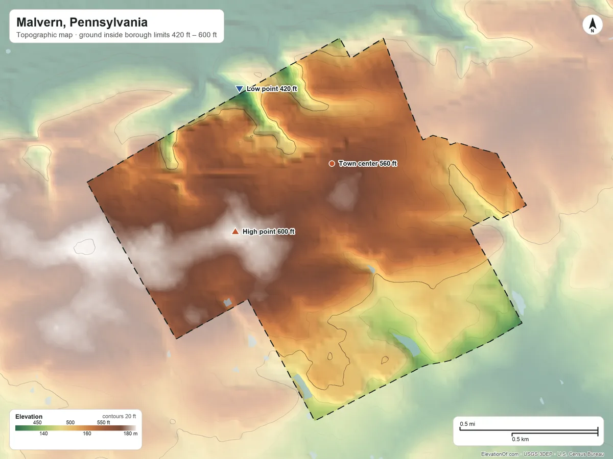 Topographic elevation map of Malvern, Pennsylvania, shaded from 420 ft on the northwest side to 600 ft on the southwest side