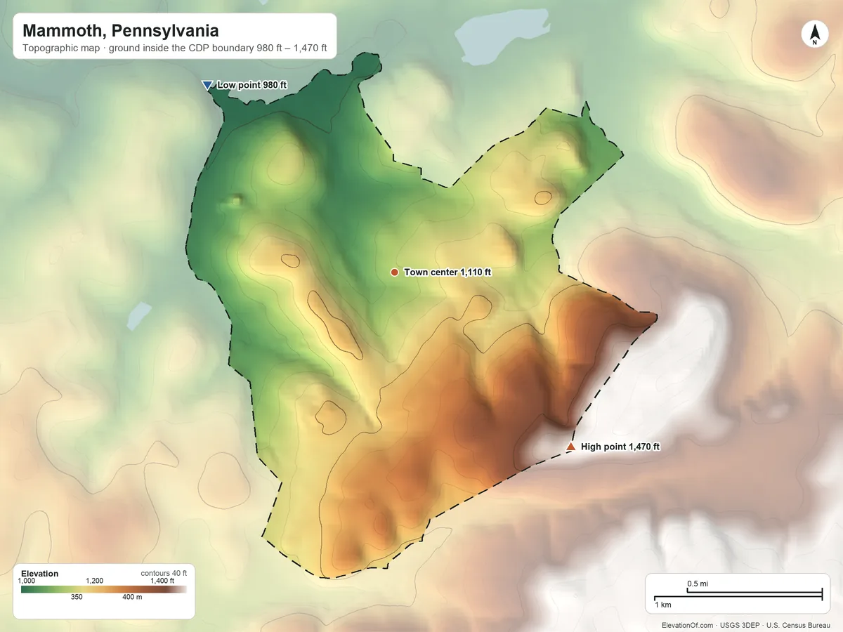 Topographic elevation map of Mammoth, Pennsylvania, shaded from 980 ft on the northwest side to 1,470 ft on the southeast edge, below higher ground just outside