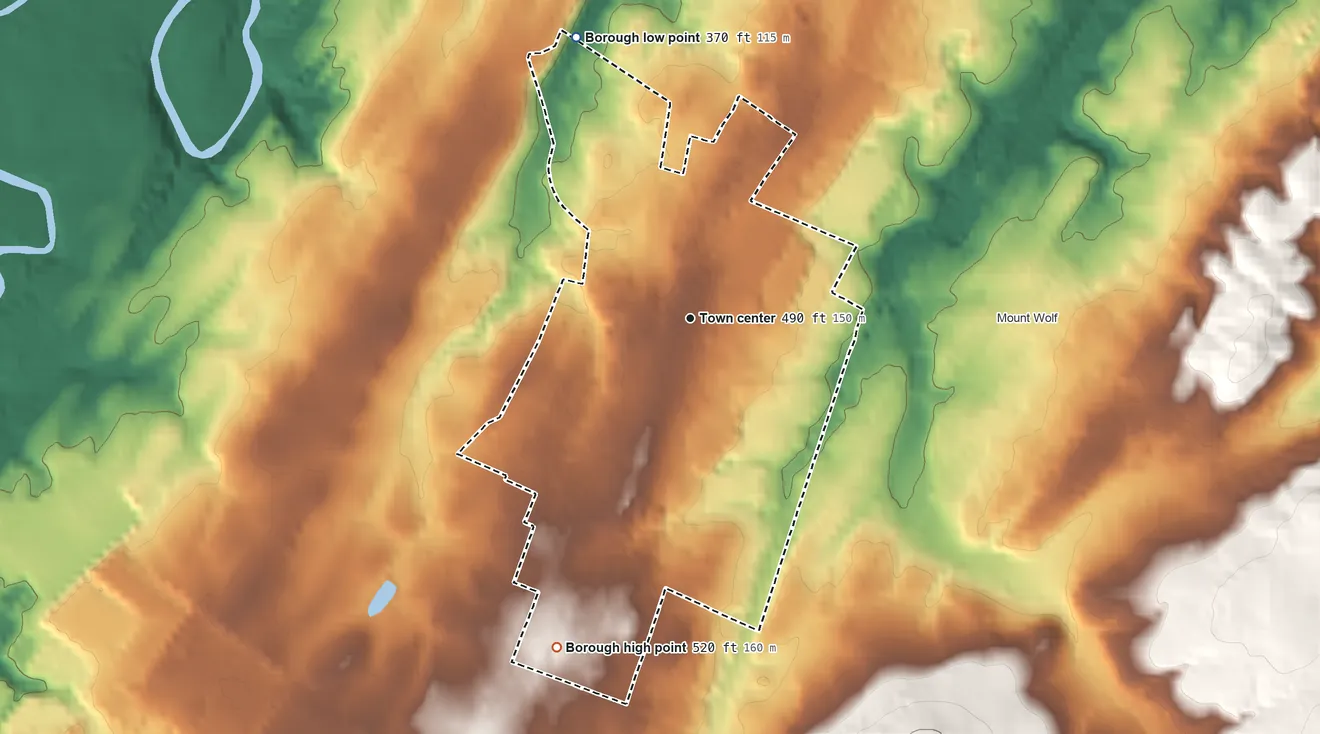 Topographic elevation map of Manchester, Pennsylvania, shaded from 370 ft on the north side to 520 ft on the south side