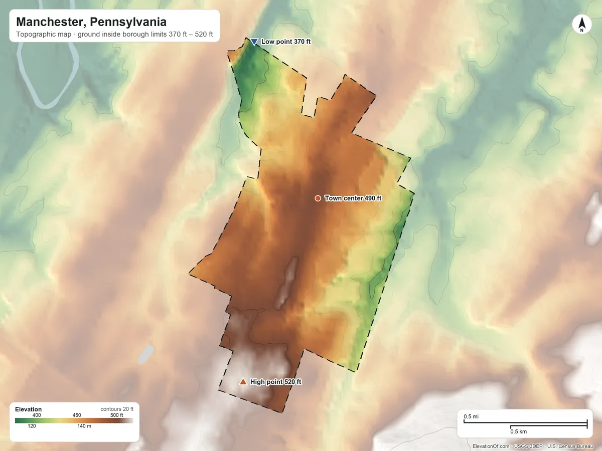 Topographic elevation map of Manchester, Pennsylvania, shaded from 370 ft on the north side to 520 ft on the south side