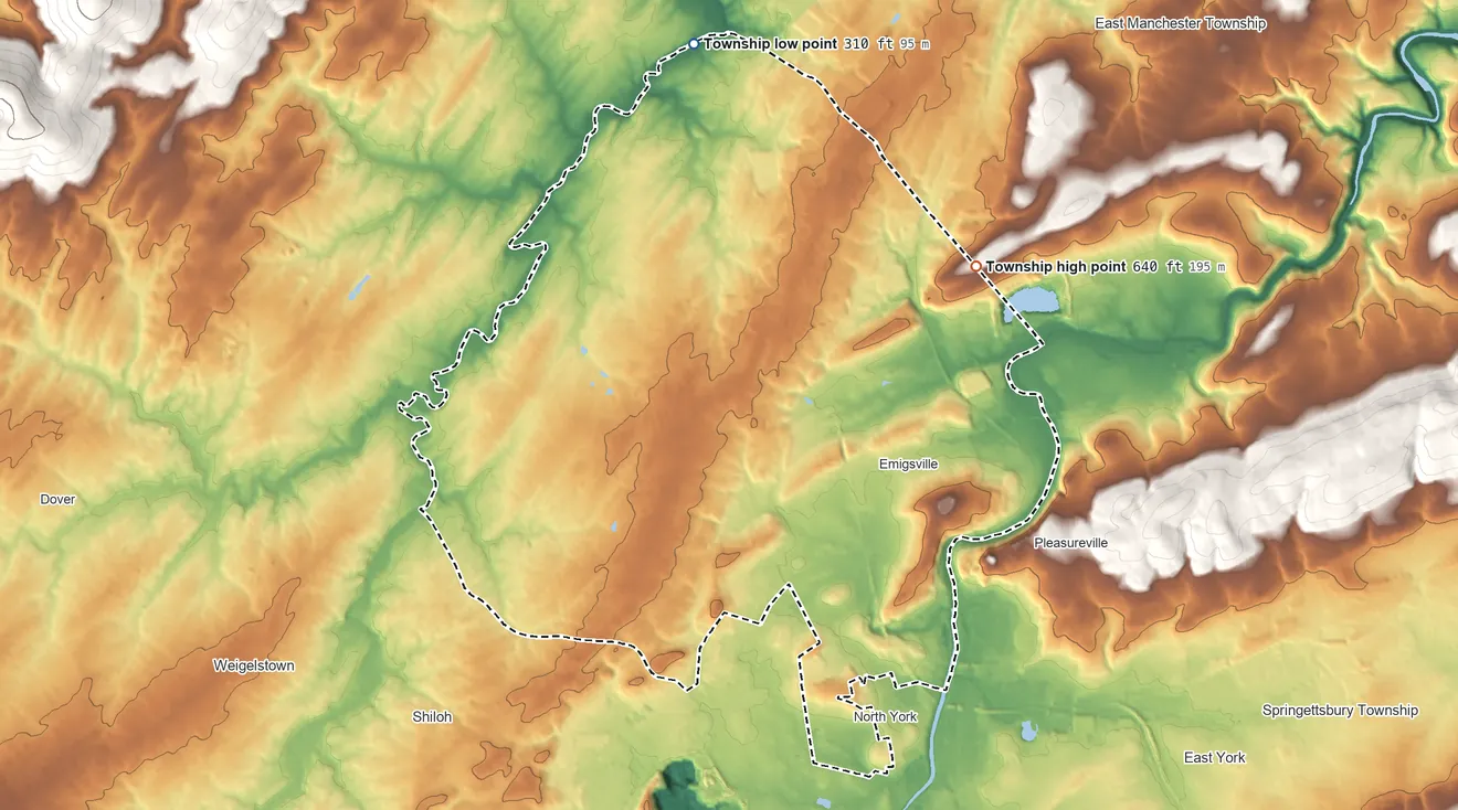 Topographic elevation map of Manchester Township, Pennsylvania, shaded from 310 ft on the north side to 640 ft on the northeast side